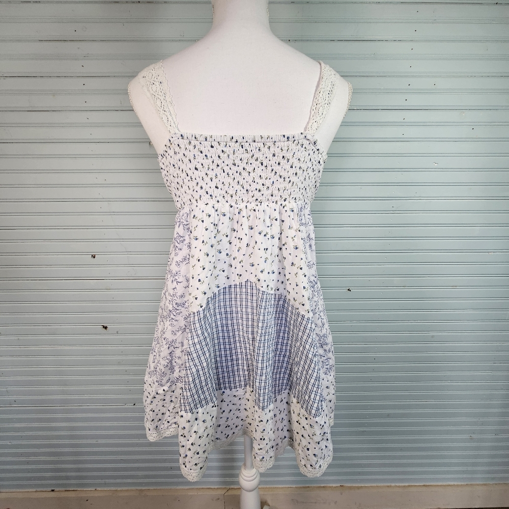 White & Light Blue Patchwork Lace-Trim Sundress - Picture 5 of 14